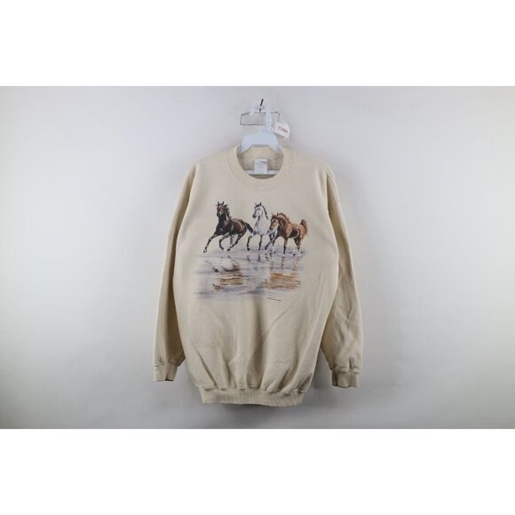 Vintage 90s Womens Medium Distressed Horse Equestrian Crewneck Sweatshirt Beige - Picture 1 of 12